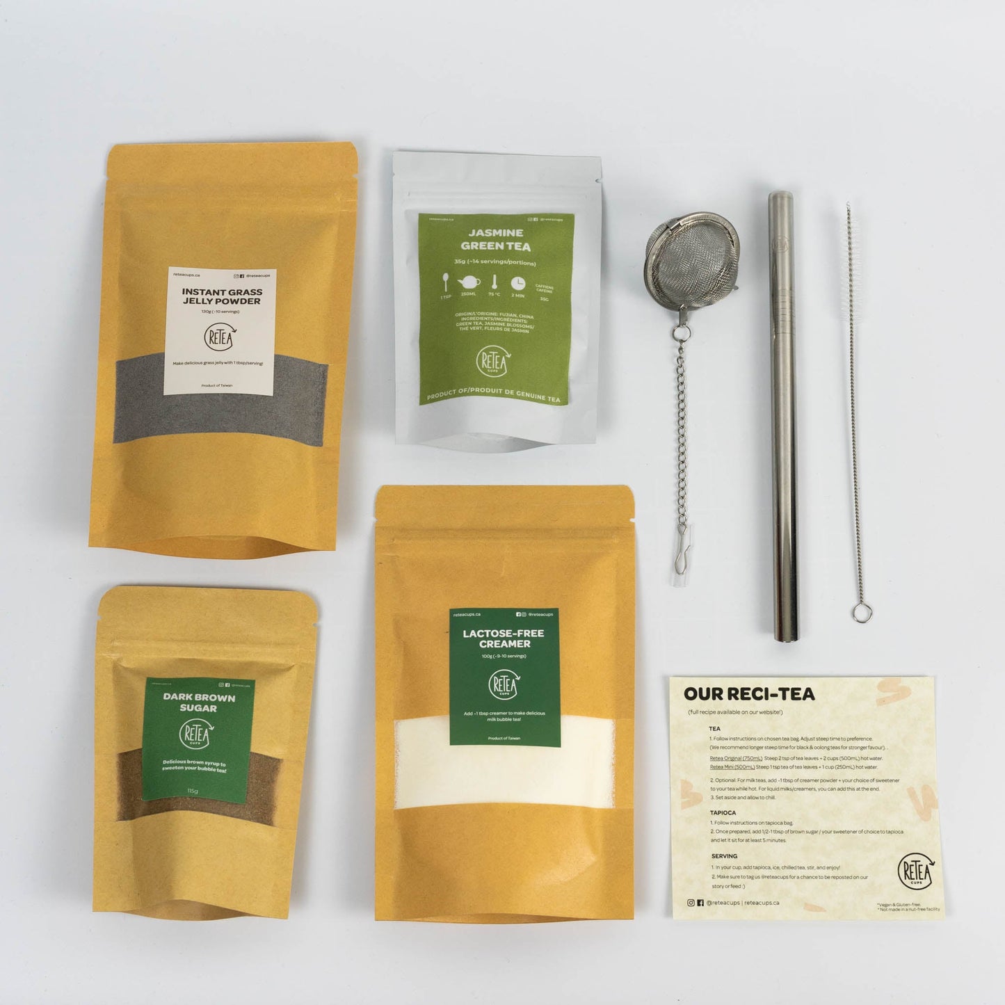 Flat lay shot of jasmine milk tea bubble tea kit with grass jelly