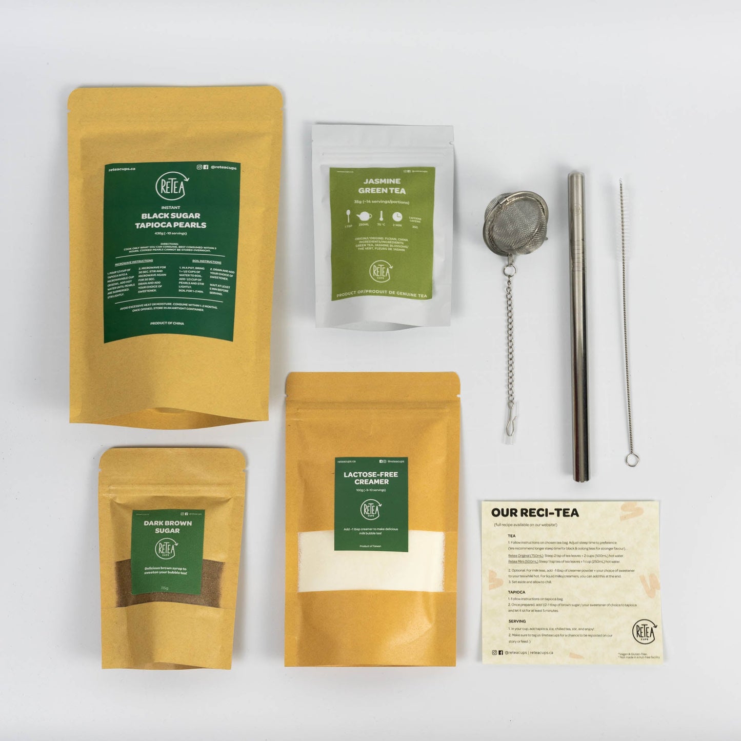 Flat lay shot of jasmine milk tea bubble tea kit with tapioca pearls